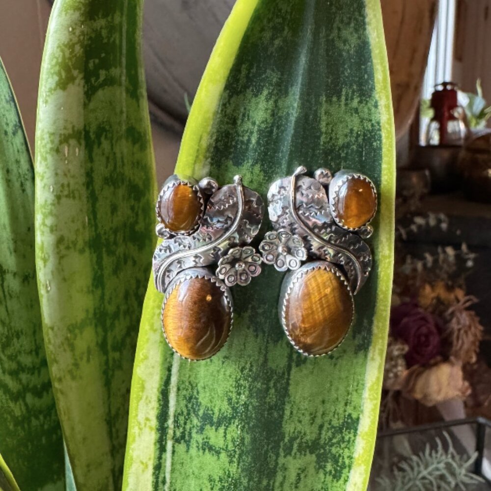 Earrings - Vintage Sterling Silver & Tiger’s Eye Post Earrings – 18.6g Statement